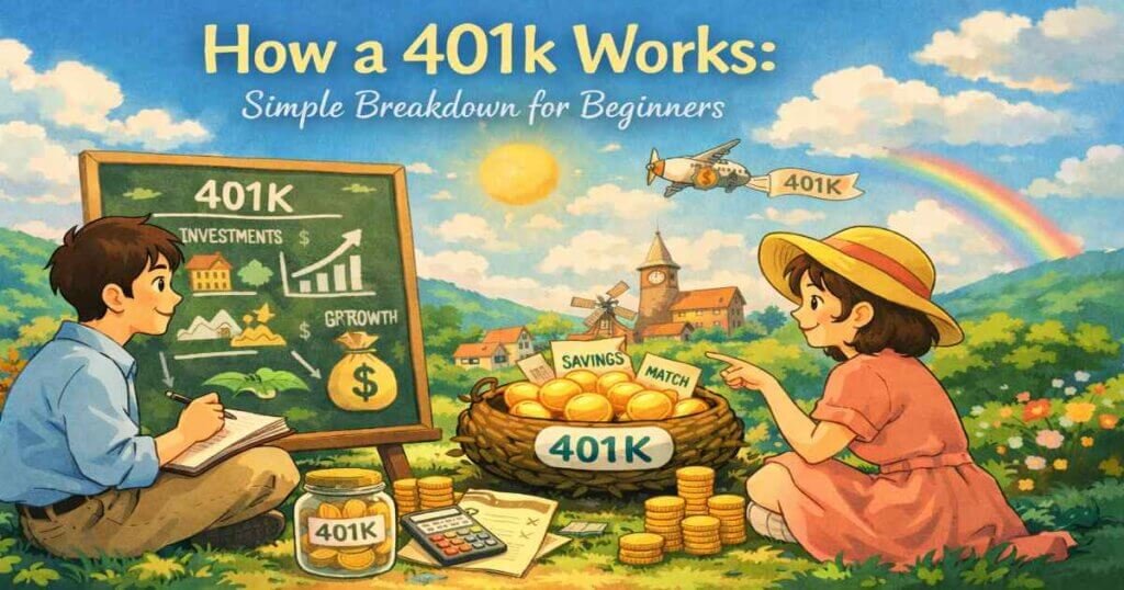 How a 401k works illustration showing employee contributions, employer match, and retirement savings growth