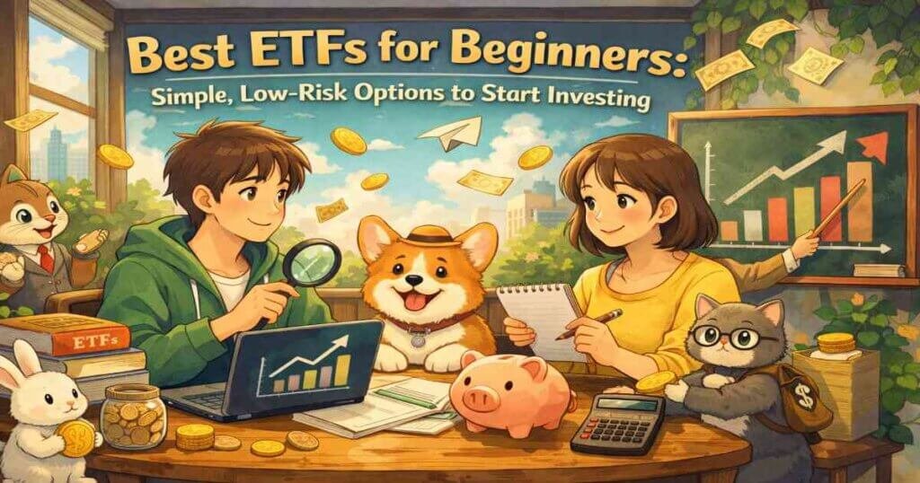 Best ETFs for beginners illustration showing diversified, low-risk exchange-traded funds for new investors