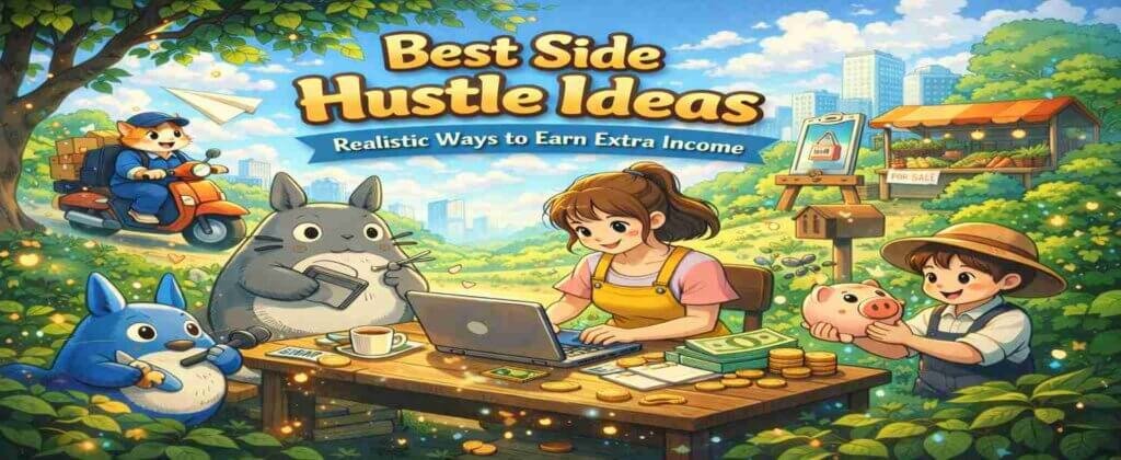 Illustration of side hustle ideas to earn extra income Best side hustle ideas illustration showing realistic ways to earn extra income alongside a full-time job