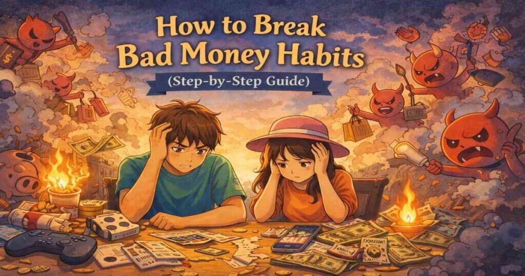 Break bad money habits illustration showing common spending triggers and steps to improve financial behavior
