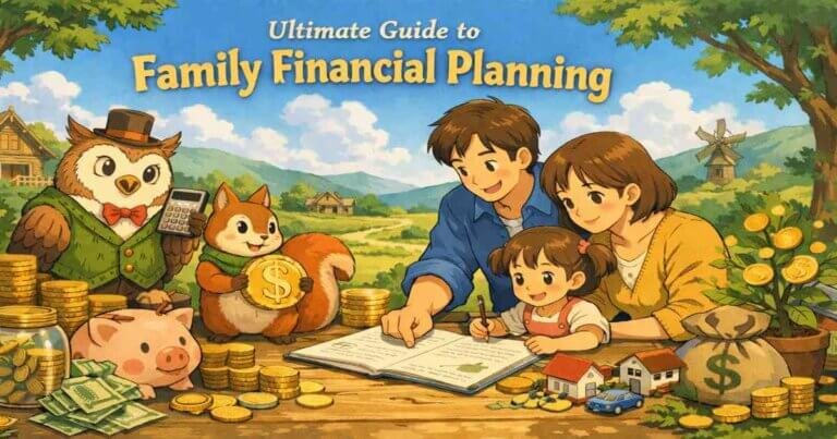 Family financial planning guide showing parents and children planning money together for long-term security