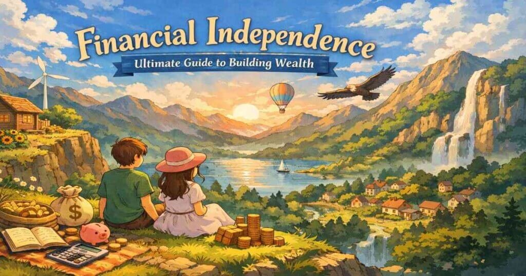 Financial independence illustration showing long-term wealth building, savings, and financial freedom over time