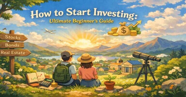 How to start investing illustration showing beginner investment options like stocks, bonds, and long-term growth