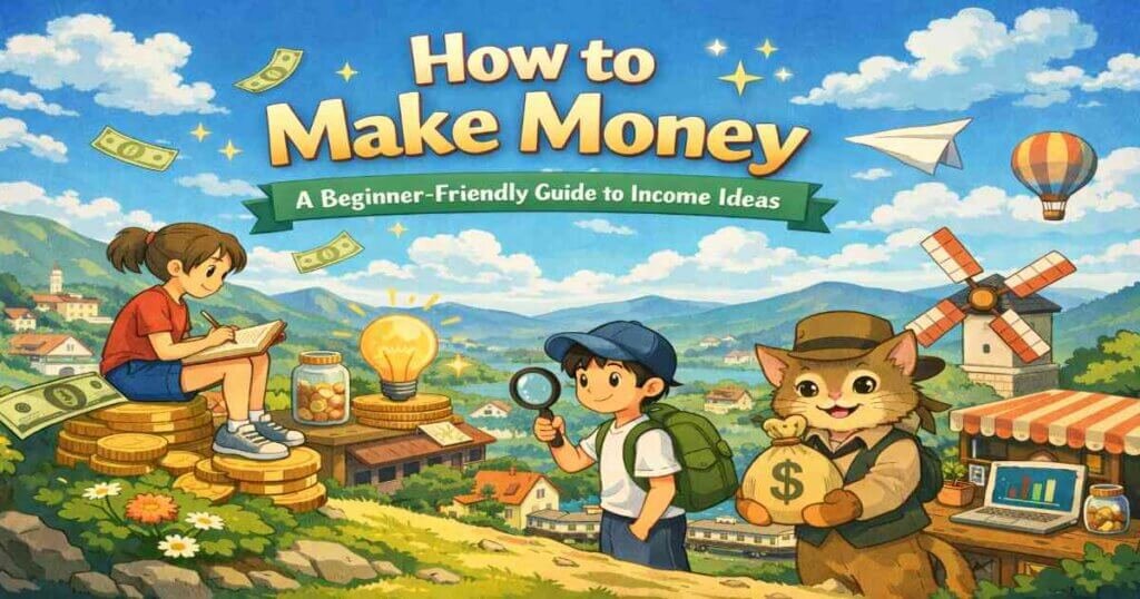 Make money illustration showing beginner income ideas, side hustles, and building sustainable income over time