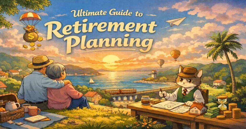 Retirement planning illustration showing saving, investing, and preparing for long-term financial security