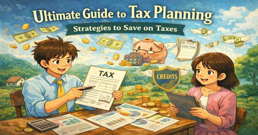 Illustration of tax planning strategies and savings Tax planning illustration showing strategies to reduce taxes, manage deductions, and save money legally