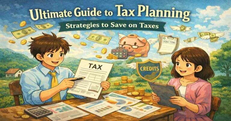Tax planning illustration showing strategies to reduce taxes, manage deductions, and save money legally