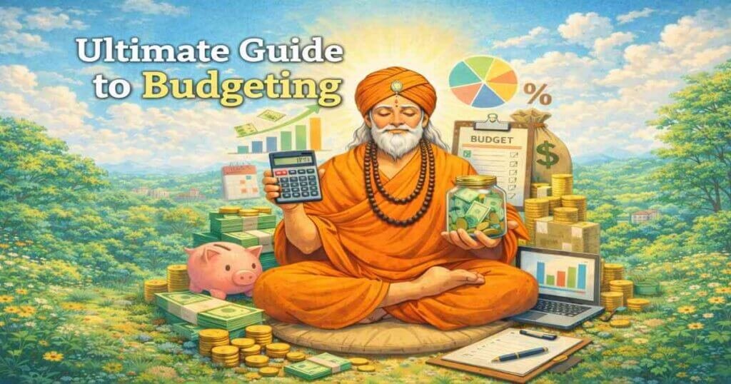 Illustration showing budgeting basics with money management tools, savings goals, and expense tracking