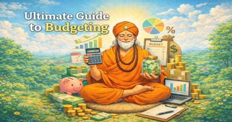 Illustration showing budgeting basics with money management tools, savings goals, and expense tracking