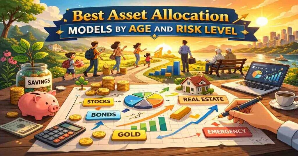Asset allocation models showing stocks, bonds, real estate, gold, and savings by age and risk tolerance