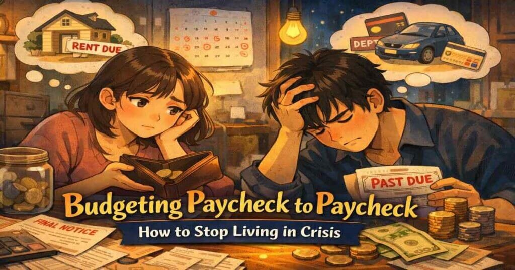 Budgeting paycheck to paycheck example showing couple reviewing bills and managing past due expenses