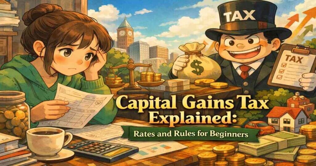 Capital gains tax explained illustration showing investor reviewing tax documents and capital gains calculations