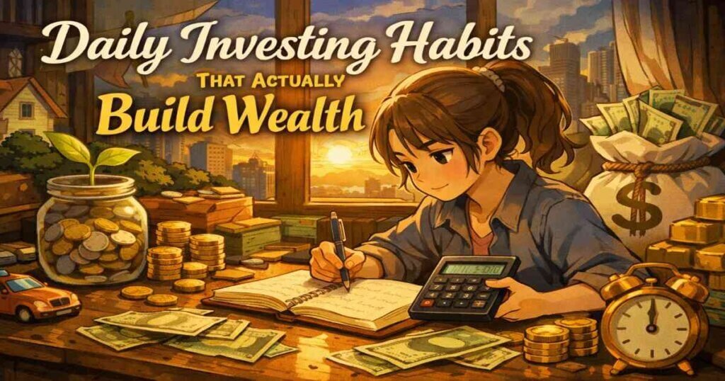 Daily investing habits illustrated with investor reviewing notes, calculator, and growing wealth portfolio