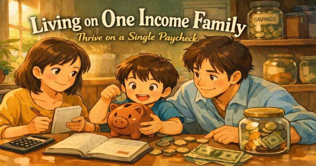 Living on one income family budgeting together with savings jar and single paycheck planning
