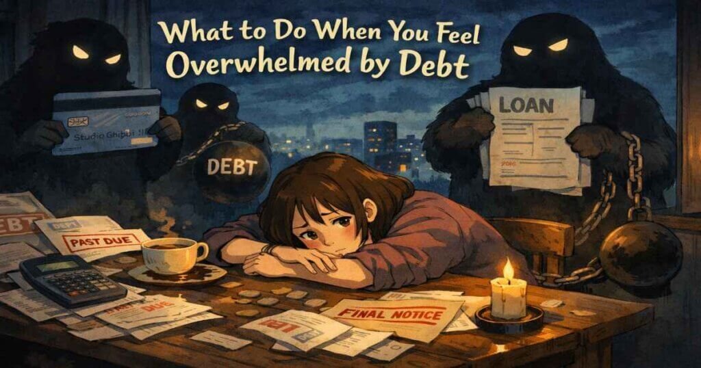 Person feeling overwhelmed by debt sitting at a table covered with bills, loan notices, and past due statements while shadow figures represent financial pressure.