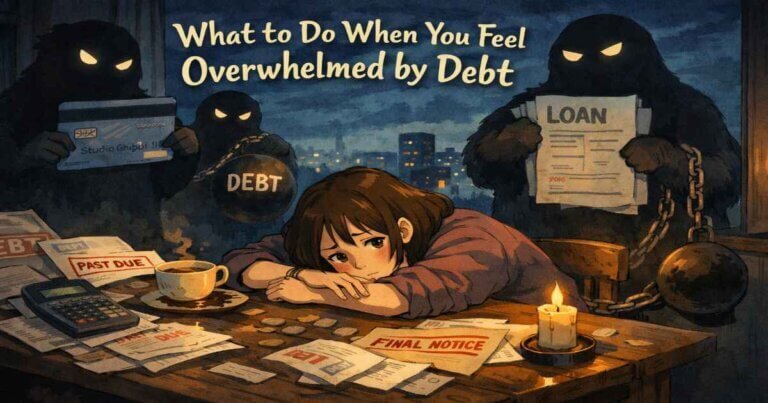 Person feeling overwhelmed by debt sitting at a table covered with bills, loan notices, and past due statements while shadow figures represent financial pressure.