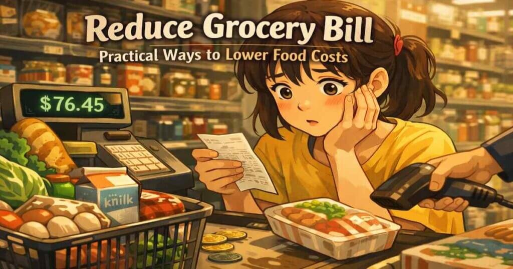 Reduce grocery bill example showing shopper reviewing receipt and food prices at checkout