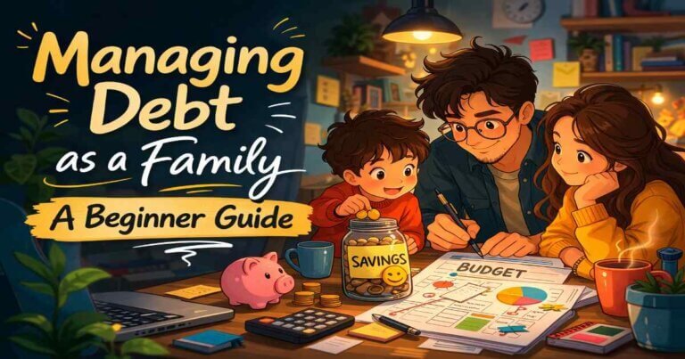 Managing debt as a family with parents and child creating a household budget and savings plan